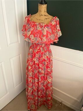 Coral Paisley Off-Shoulder Maxi Dress with Ruffle Yoke